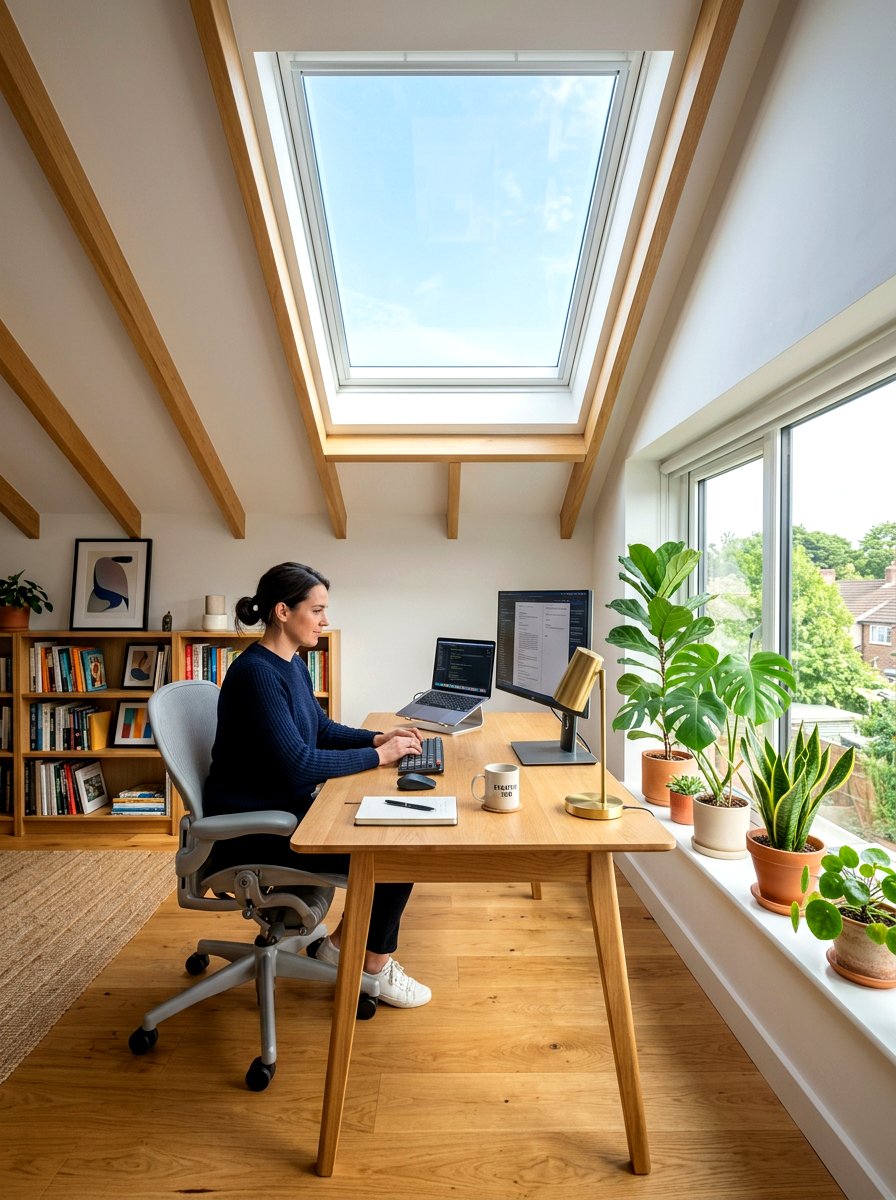 Skylight Desk Placement - 30 sloped ceiling office ideas