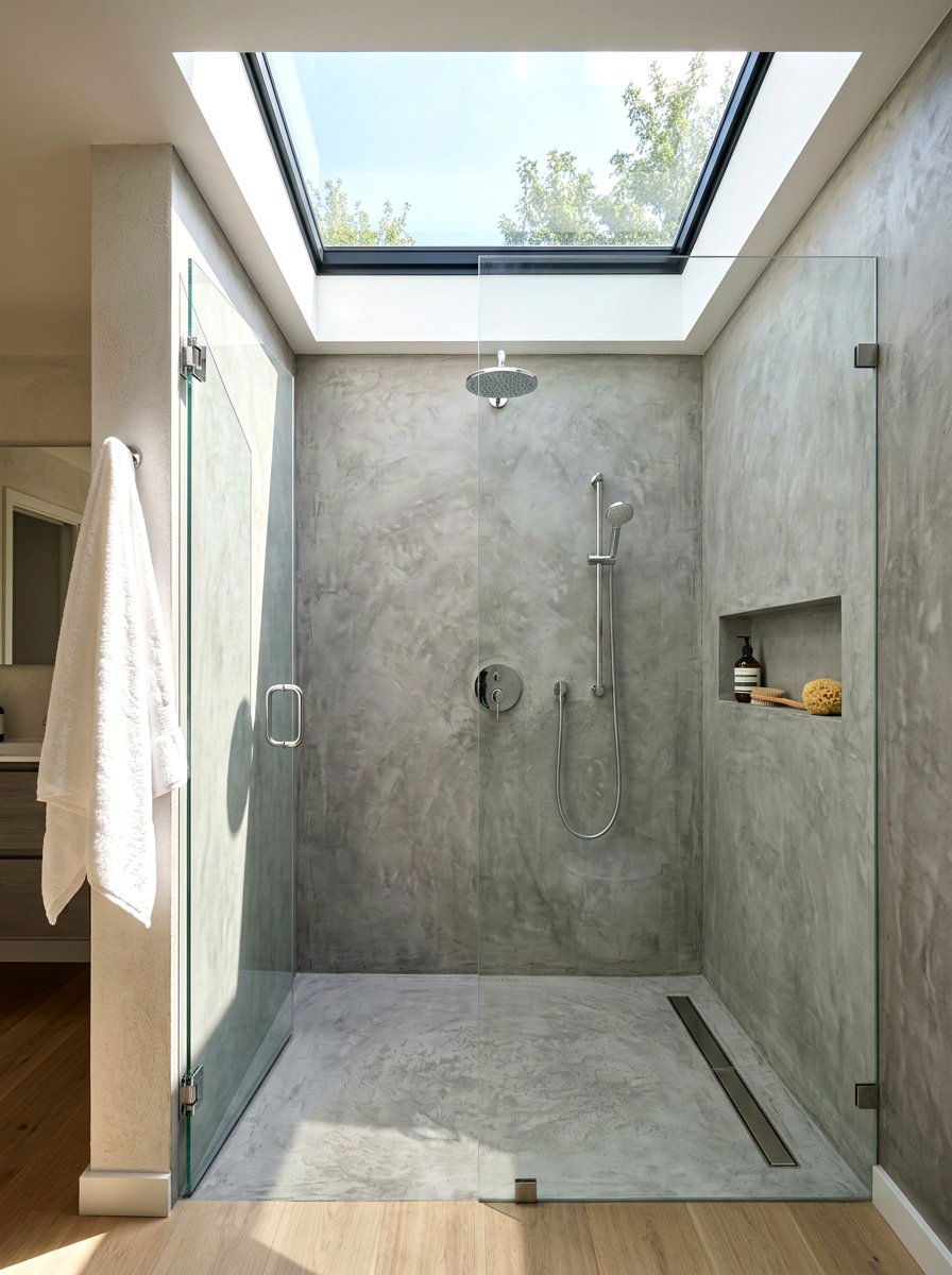 Skylight microcement shower - 30 microcement shower ideas