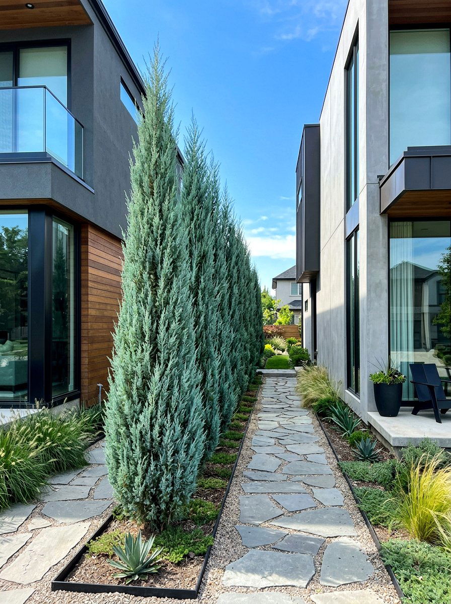 Skyrocket Juniper row - 30 evergreen privacy border ideas