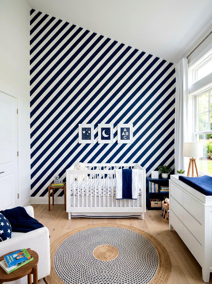 Slanted Diagonal Stripe Nursery - 30 stripe nursery wallpaper ideas