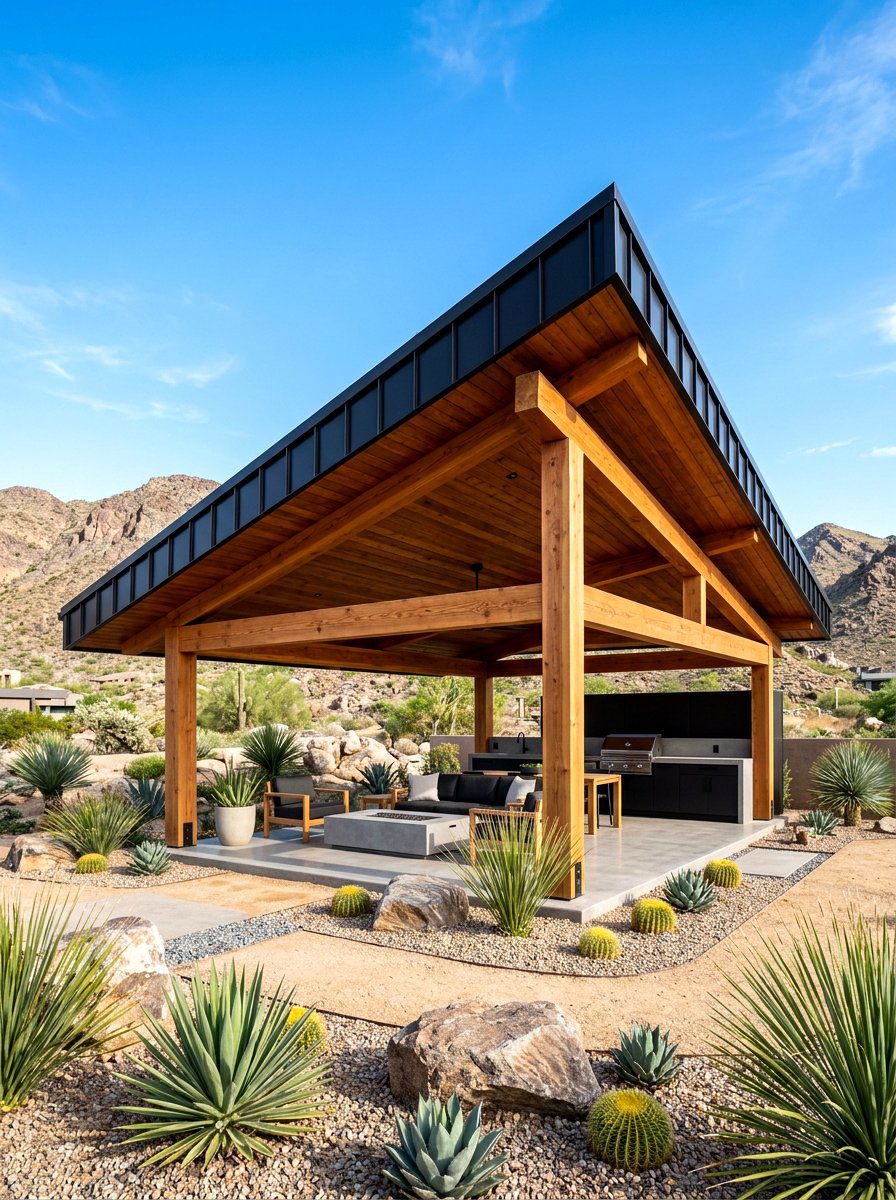 Slanted Roof Wood Pavilion - 30 wood pavilion patio ideas