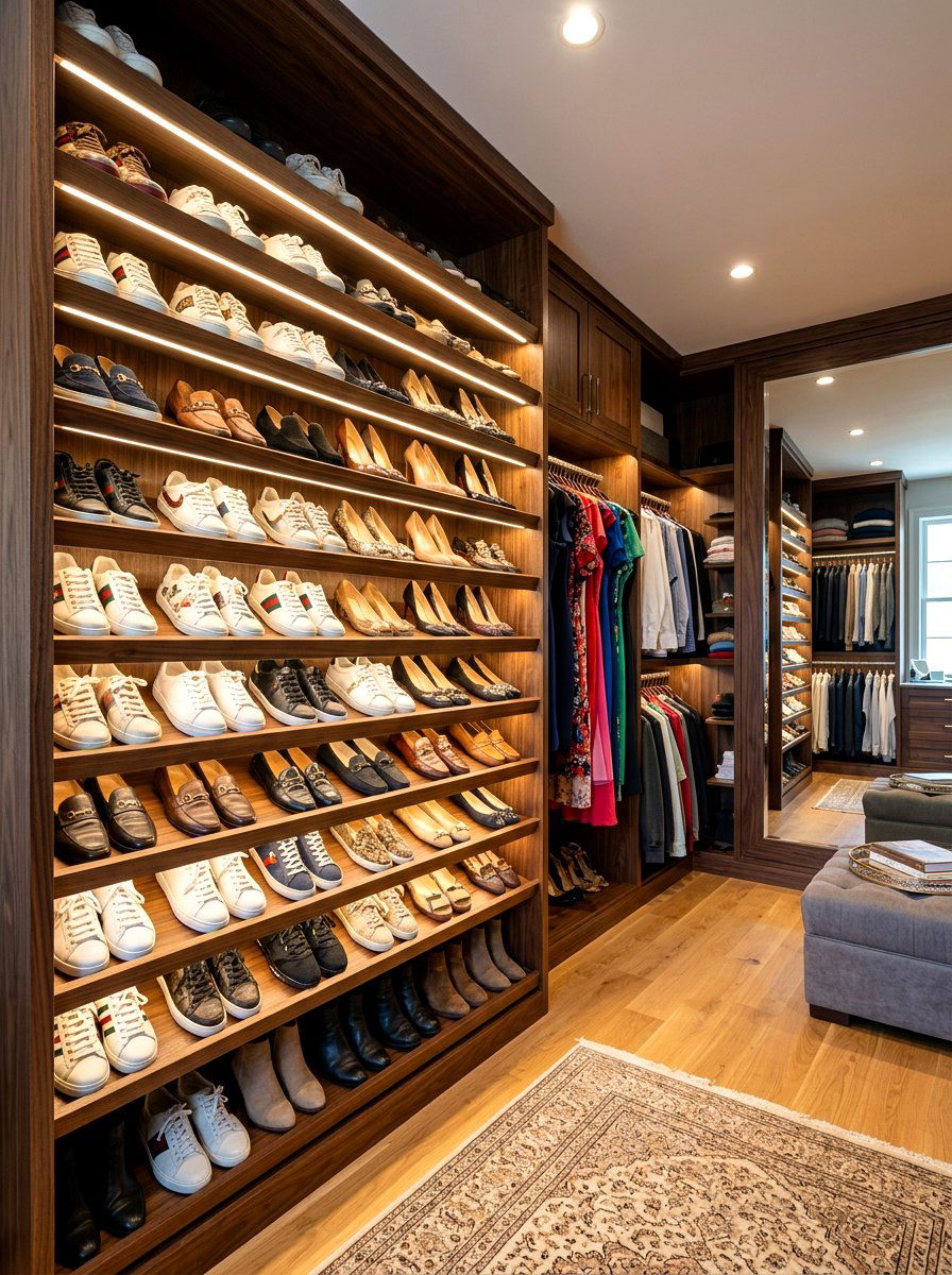 Slanted Shoe Shelving - 30 apartment shoe wall ideas