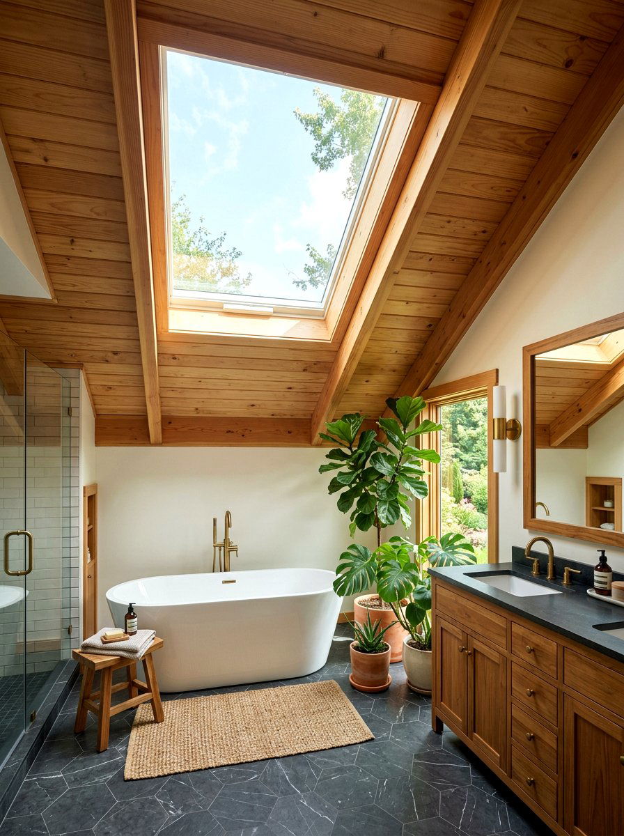 Slanted ceiling skylight - 30 mid century bathroom ideas