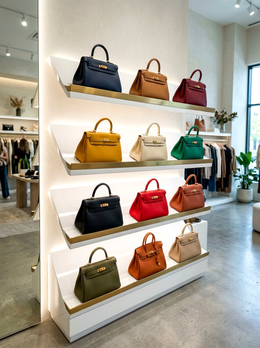 Slanted handbag display shelf - 30 purse display closet ideas