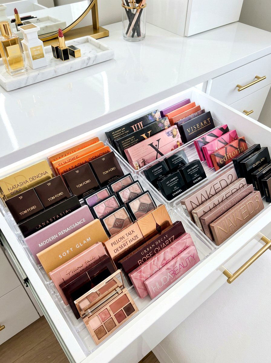 Slanted palette holders - 30 vanity drawer organization ideas