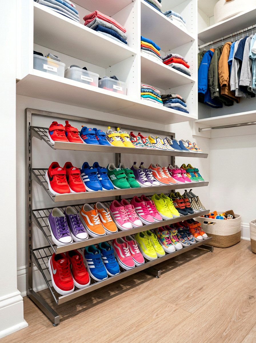 Slanted shoe racks - 30 kids closet system ideas