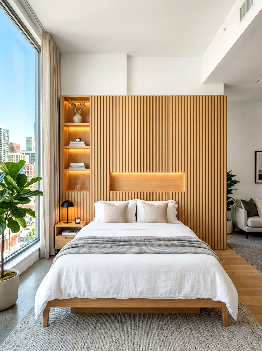 Slat Wall Studio Bed - 30 bed nook studio ideas
