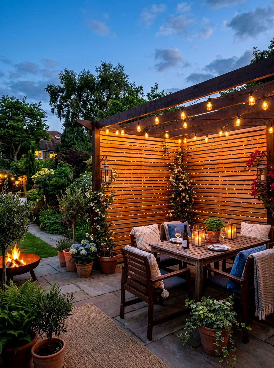 Slat Wall With Fairy Lights - 30 slatted privacy wall ideas