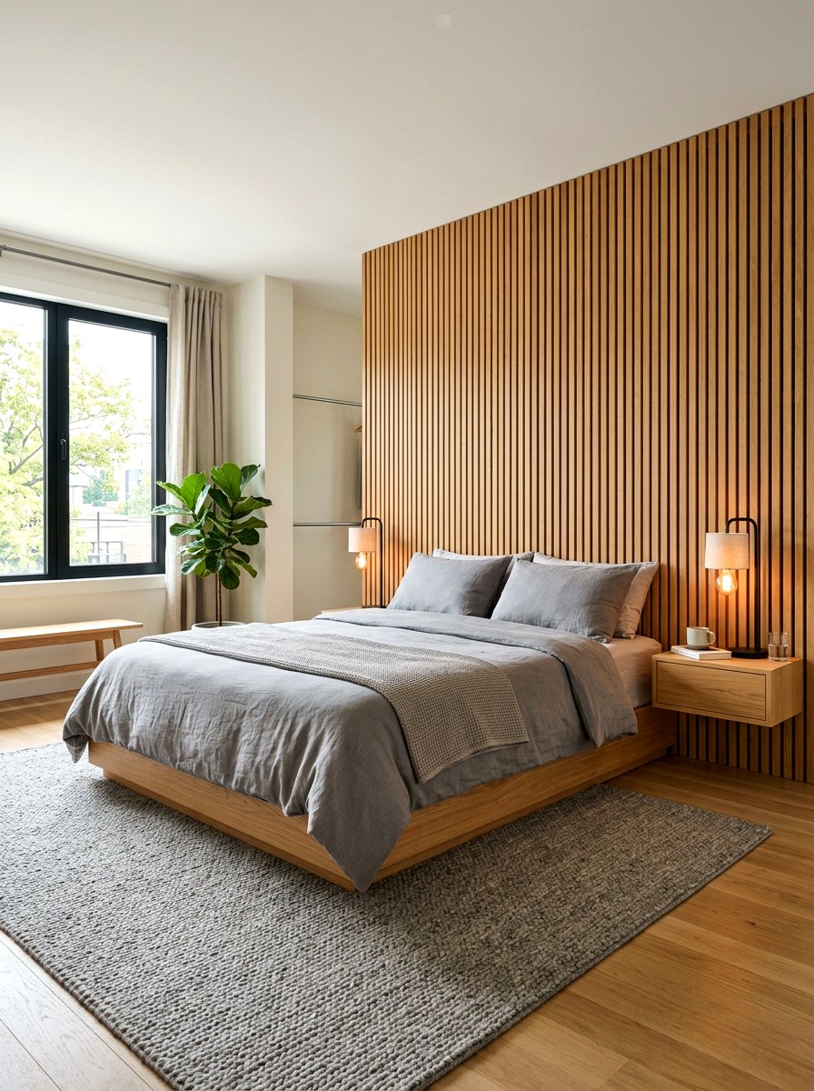 Slat Wall With Floating Nightstand - 30 slat wall headboard ideas
