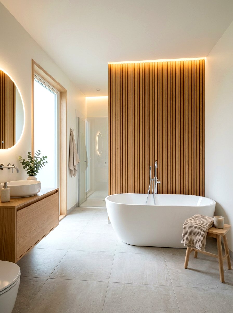 Slat Wood Accent Bathroom - 30 spa hotel bath ideas