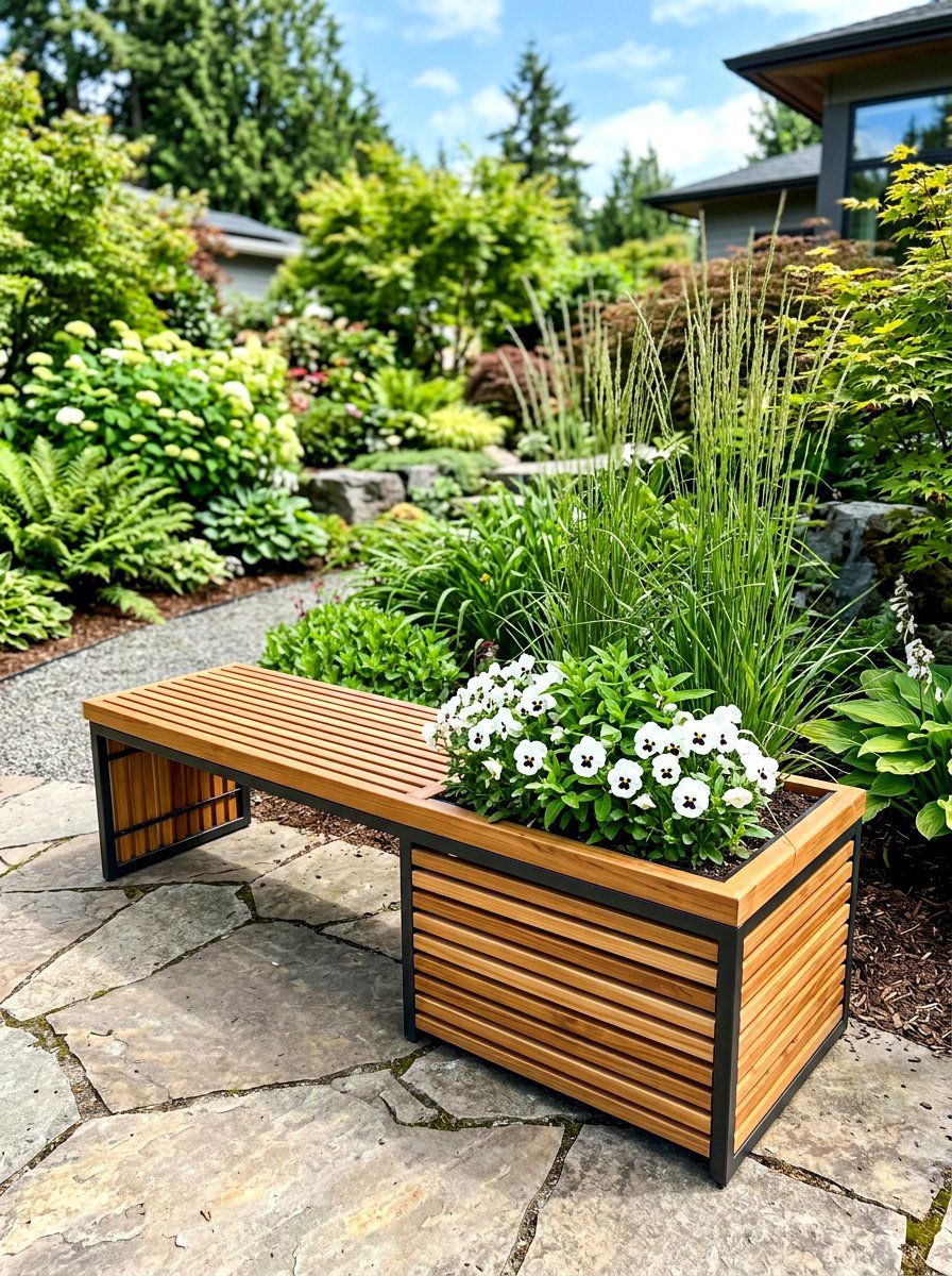 Slat wood bench - 30 patio bench with planter ideas
