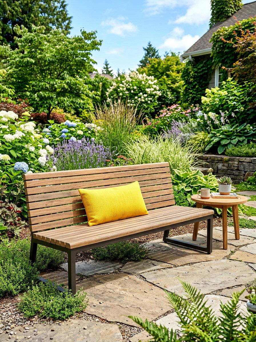 Slat wood bench - 30 front porch seating ideas