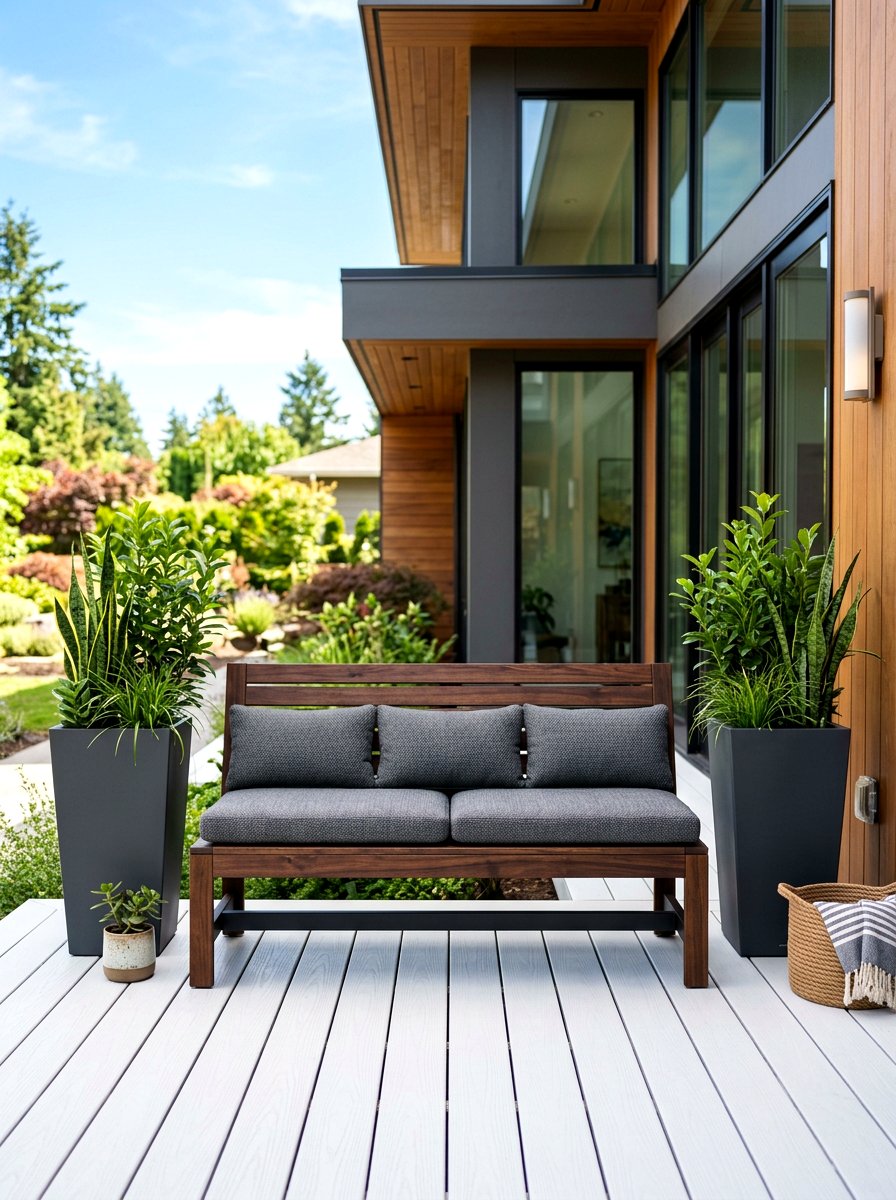 Slat wood porch bench - 30 loveseat porch seating ideas