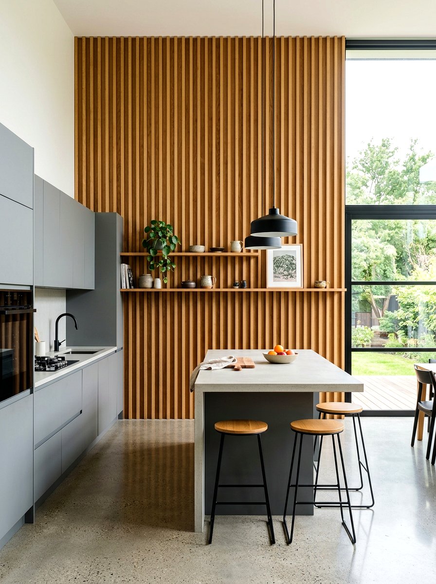 Slat wood wall kitchen - 30 Japandi kitchen ideas