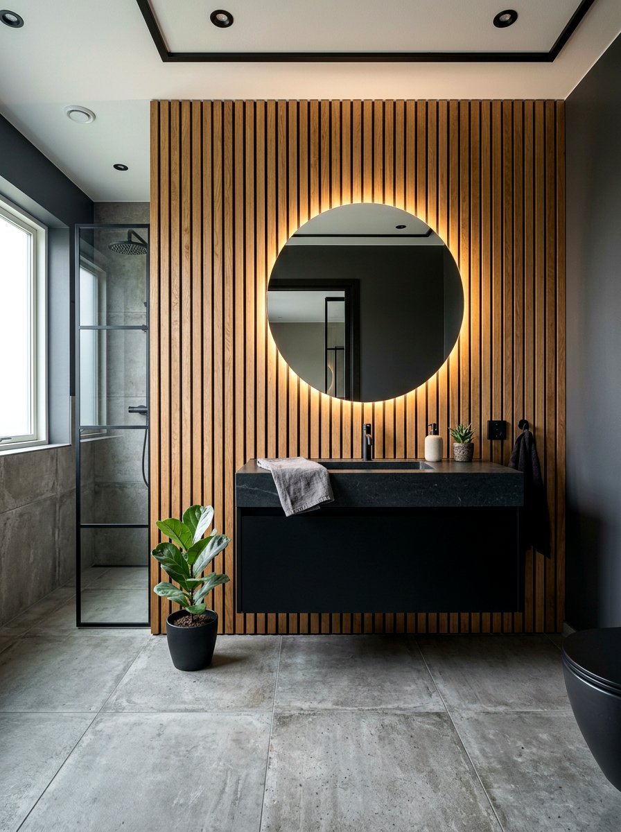 Slat wood wall paneling - 30 mid century bathroom ideas