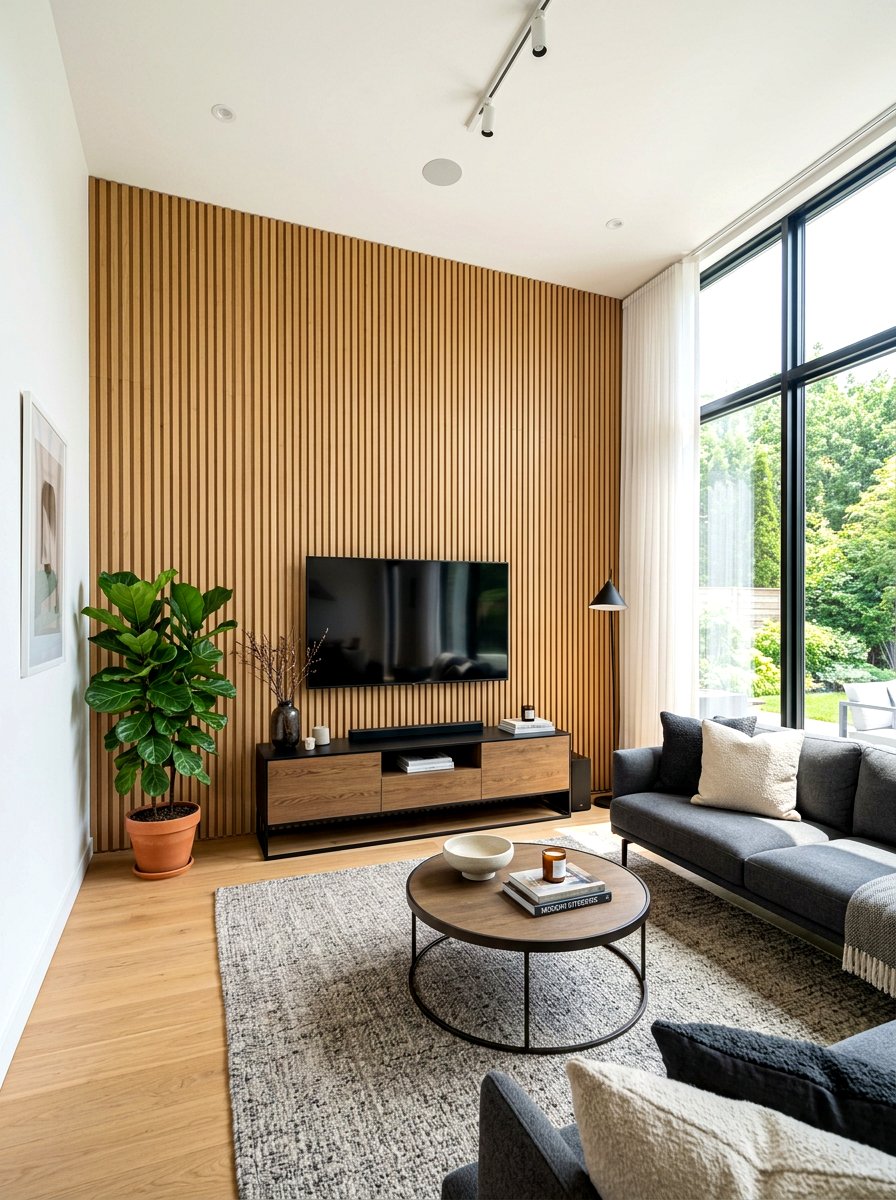 Slat wood wall paneling - 30 acoustic living room ideas