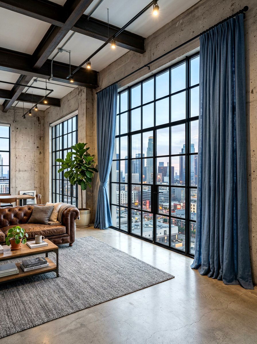 Slate Blue Curtains For Industrial Loft - 30 drapery color ideas