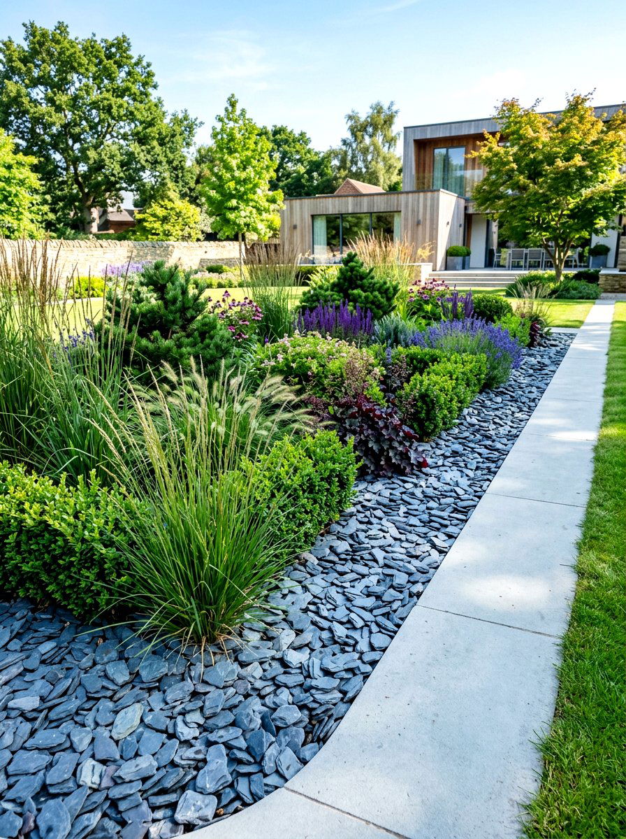 Slate Chip Garden Border - 30 rock mulch front yard ideas