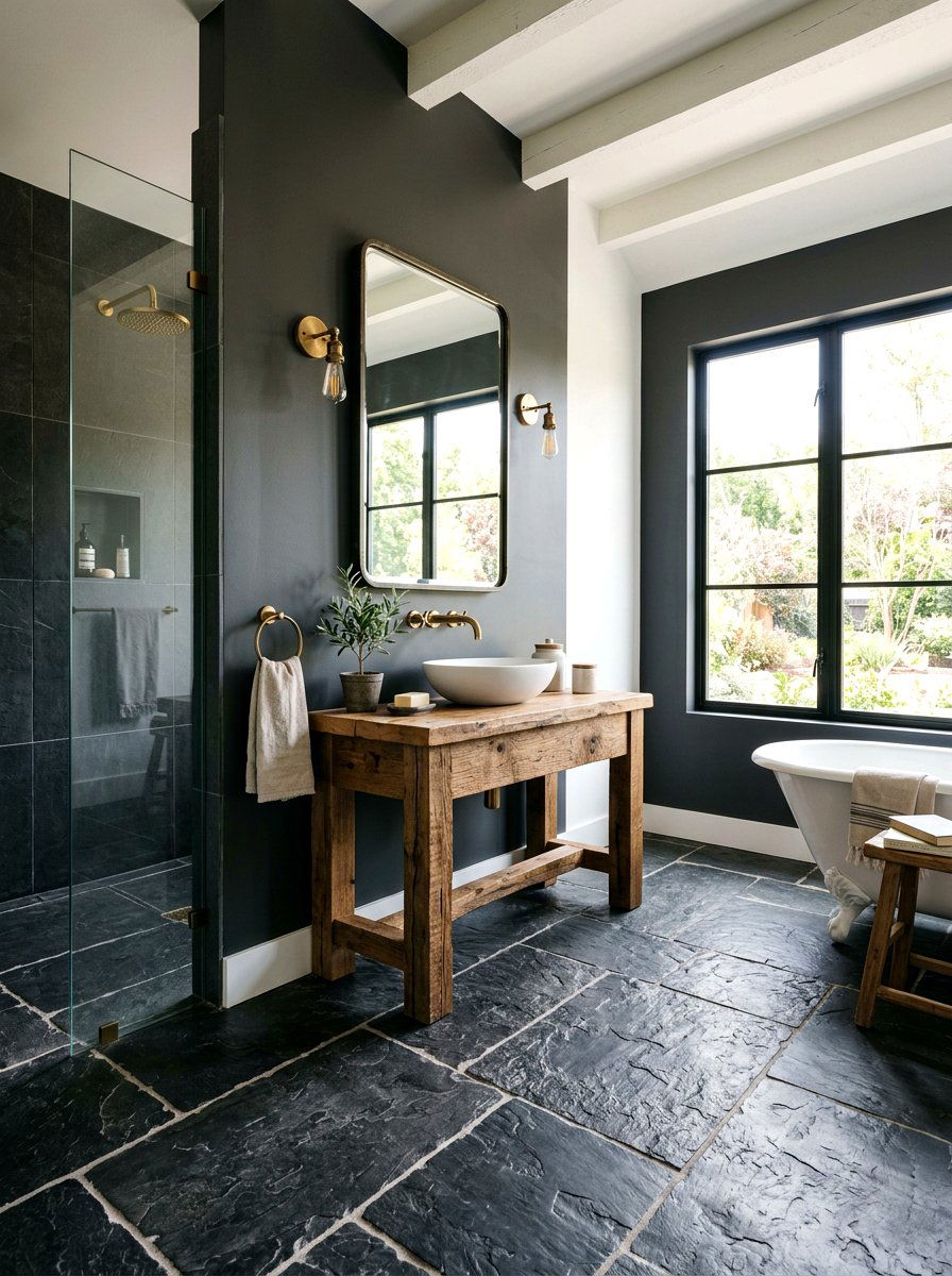 Slate Floor Farmhouse Bathroom - 30 moody farmhouse bathroom ideas
