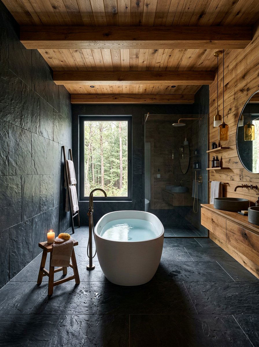 Slate Tile And Wood Bathroom - 30 sauna inspired bathroom ideas