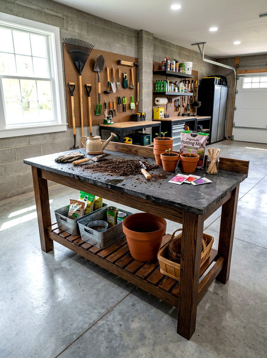 Slate Top Potting Bench - 30 garage gardening station ideas