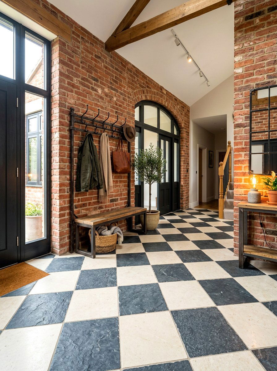 Slate and limestone foyer - 30 checkerboard foyer floor ideas
