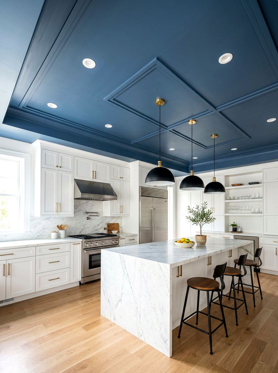 Slate blue modern kitchen ceiling - 30 moody ceiling paint ideas
