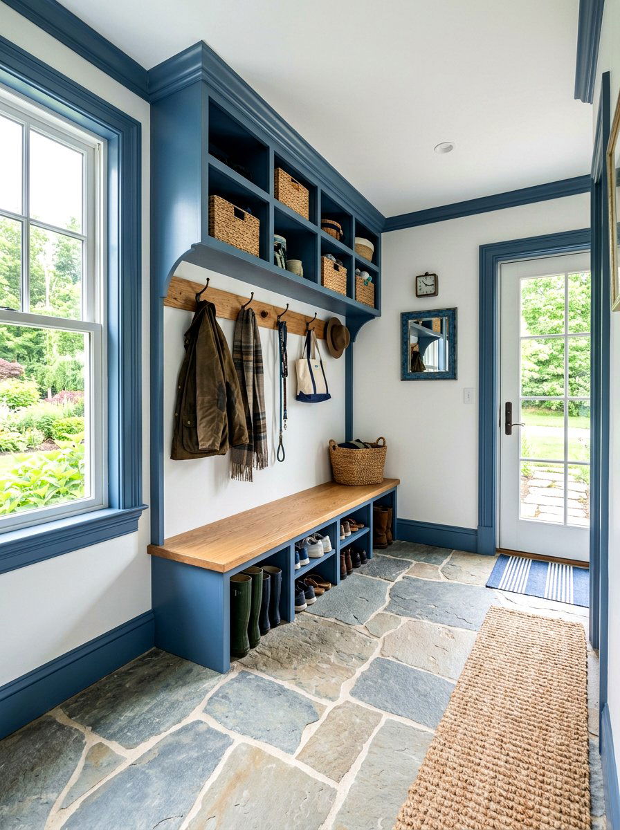 Slate blue mudroom trim - 30 painted trim room ideas