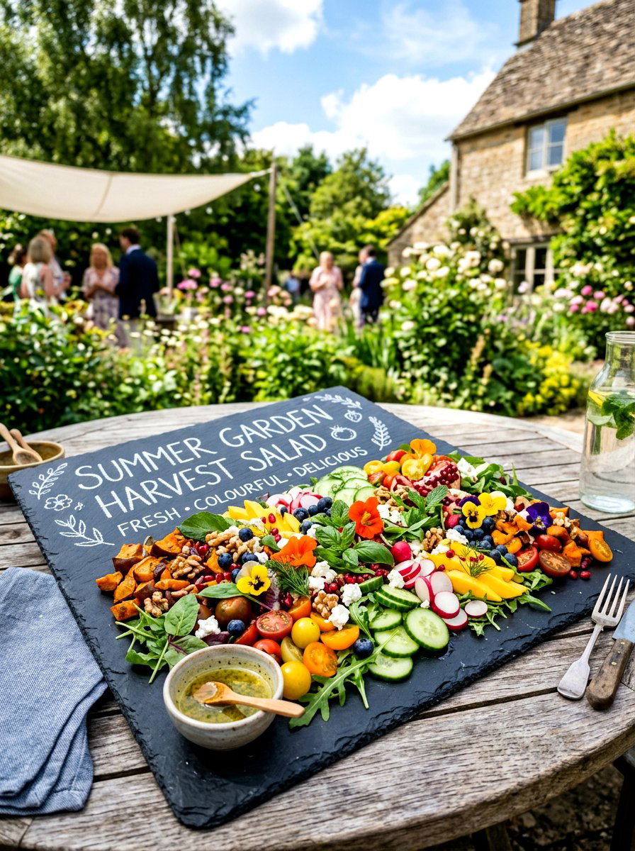 Slate board salad serving display - 30 garden salad tablescape ideas