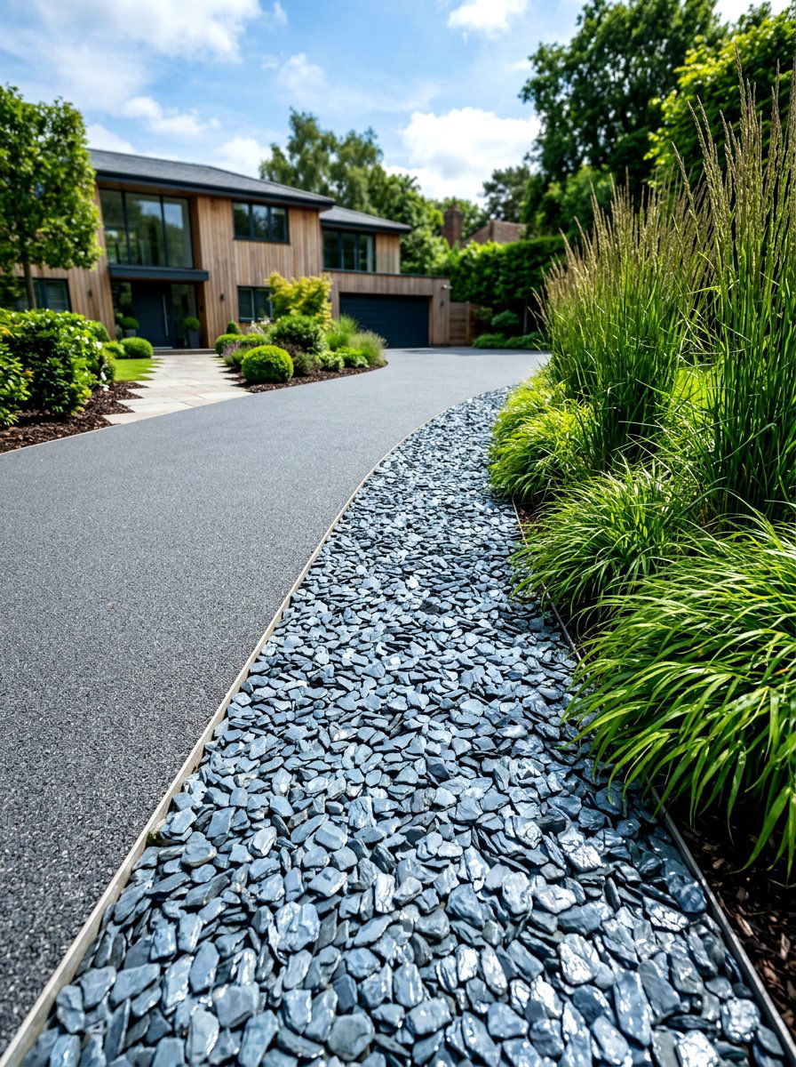 Slate chip driveway border - 30 driveway side garden ideas