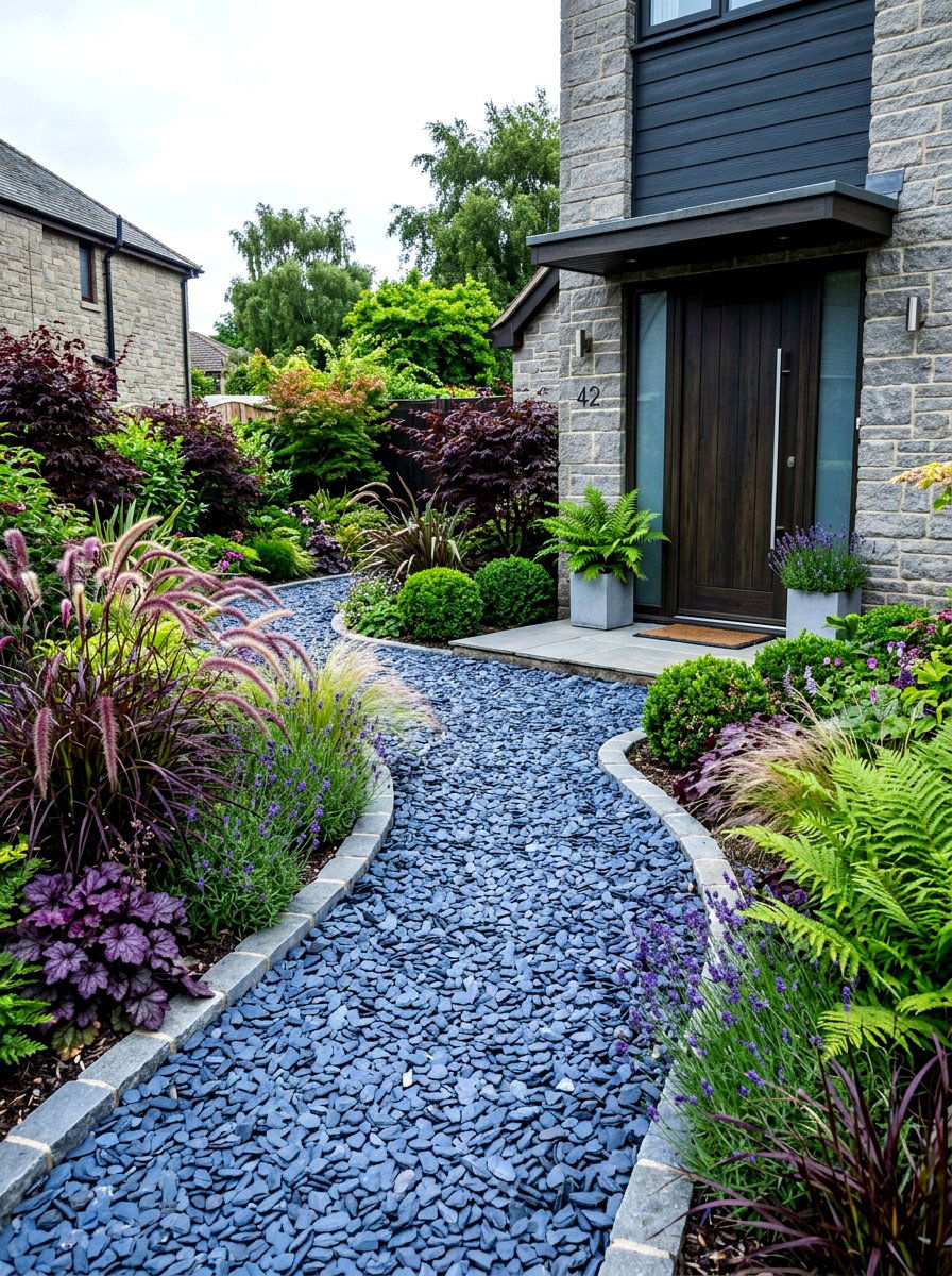 Slate chip front garden landscape - 30 gravel border garden ideas