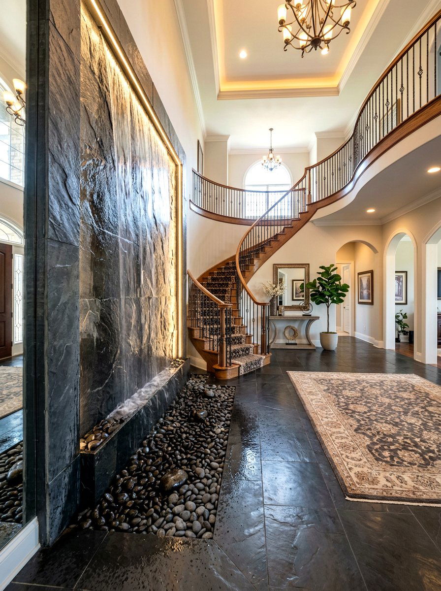 Slate floor waterfall fountain - 30 indoor fountain decor ideas