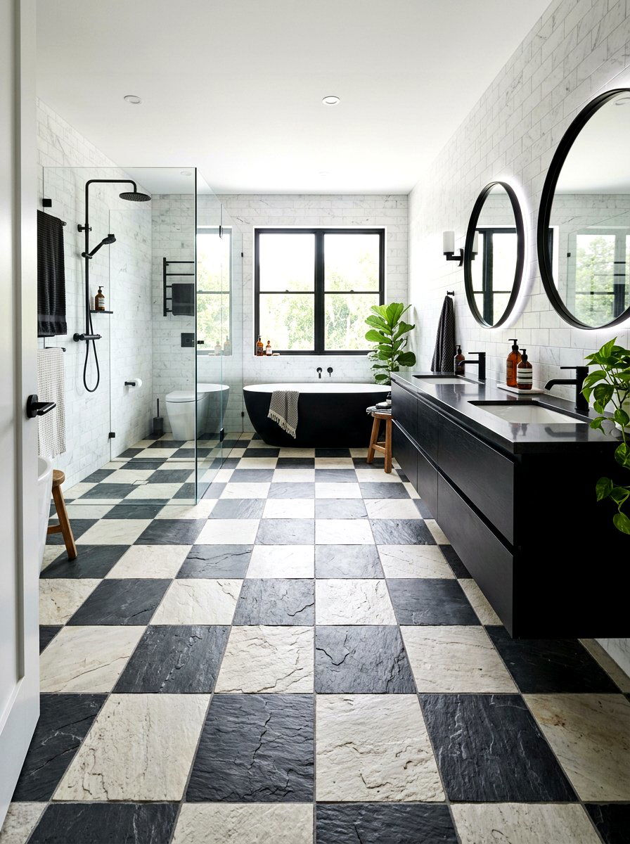 Slate grey and white bathroom floor - 30 checkerboard bath floor ideas