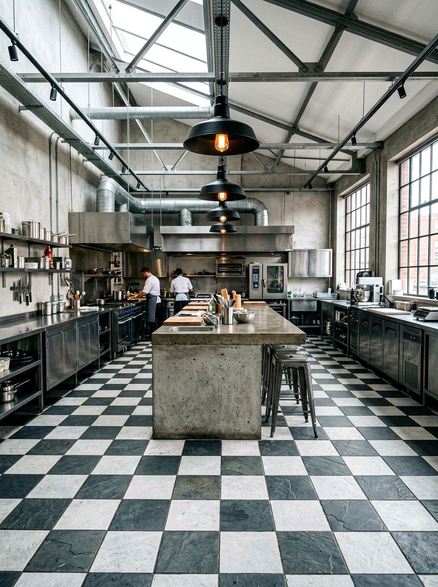 Slate grey and white floor - 30 peel and stick checkerboard floor ideas