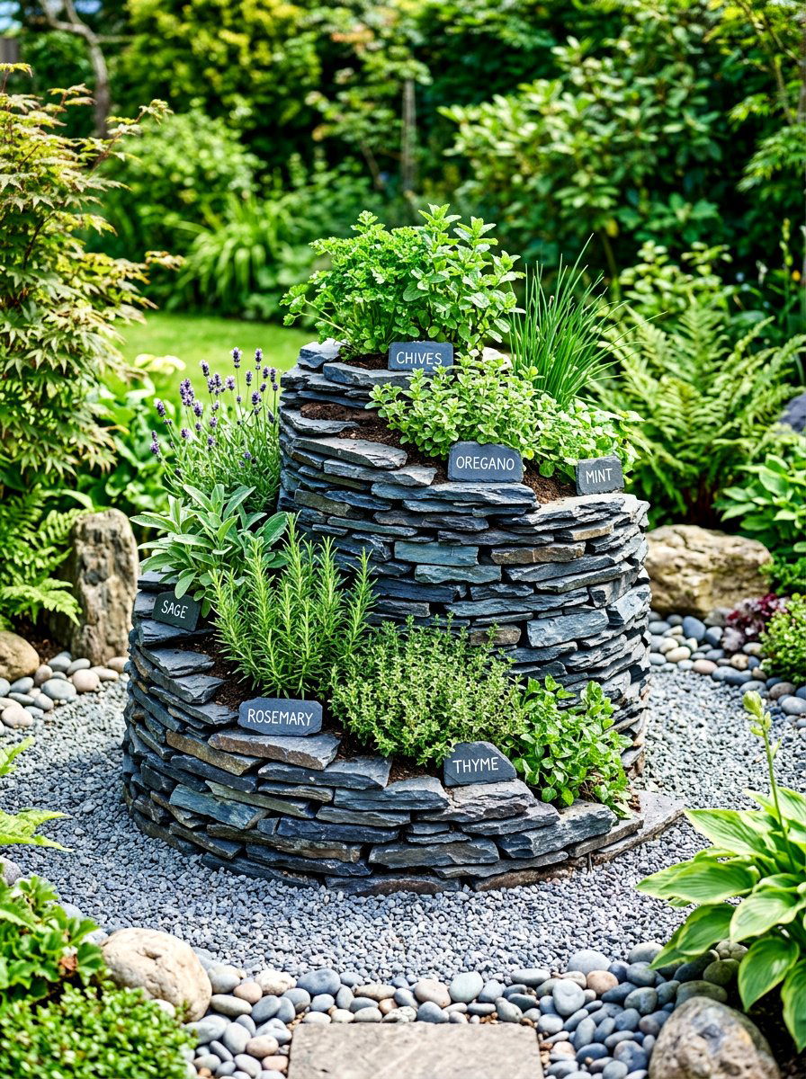 Slate herb spiral - 30 raised herb spiral ideas
