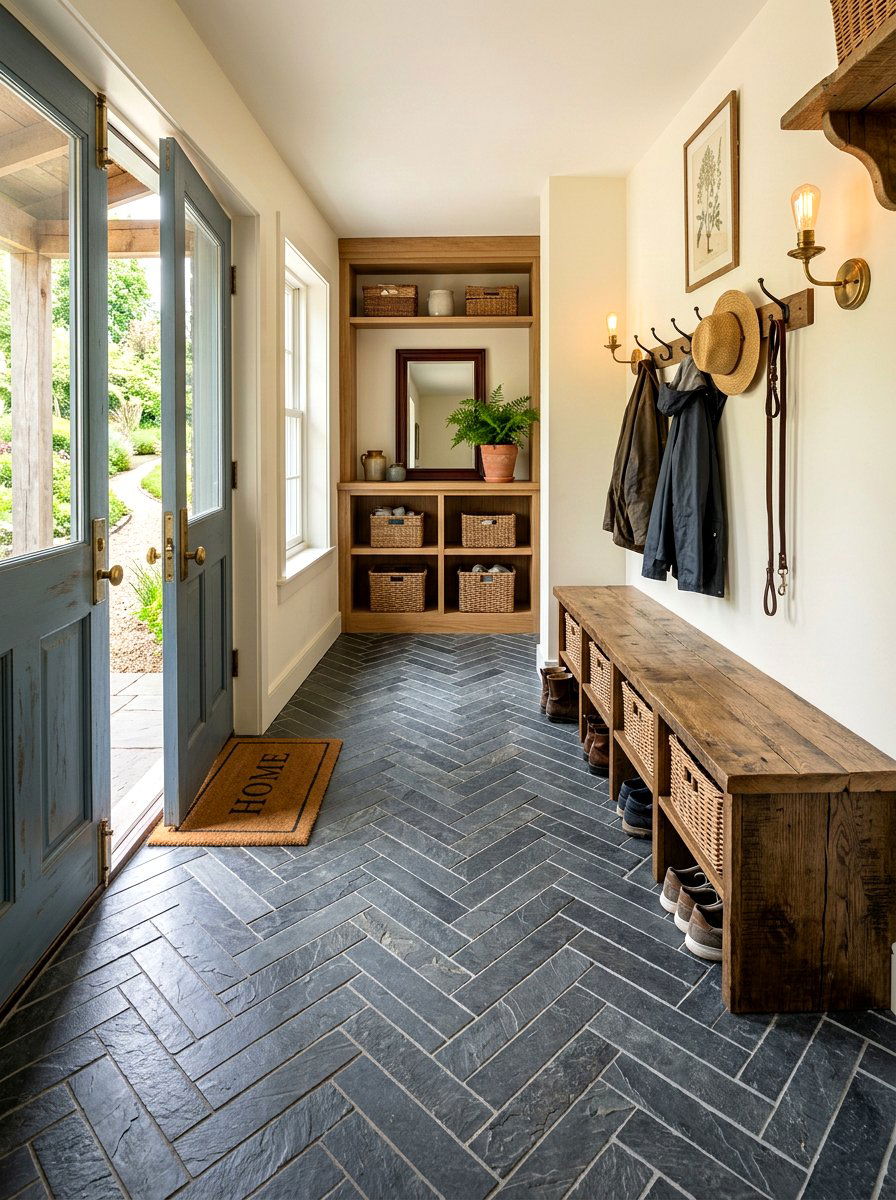 Slate herringbone entryway tile - 30 patterned mudroom tile ideas