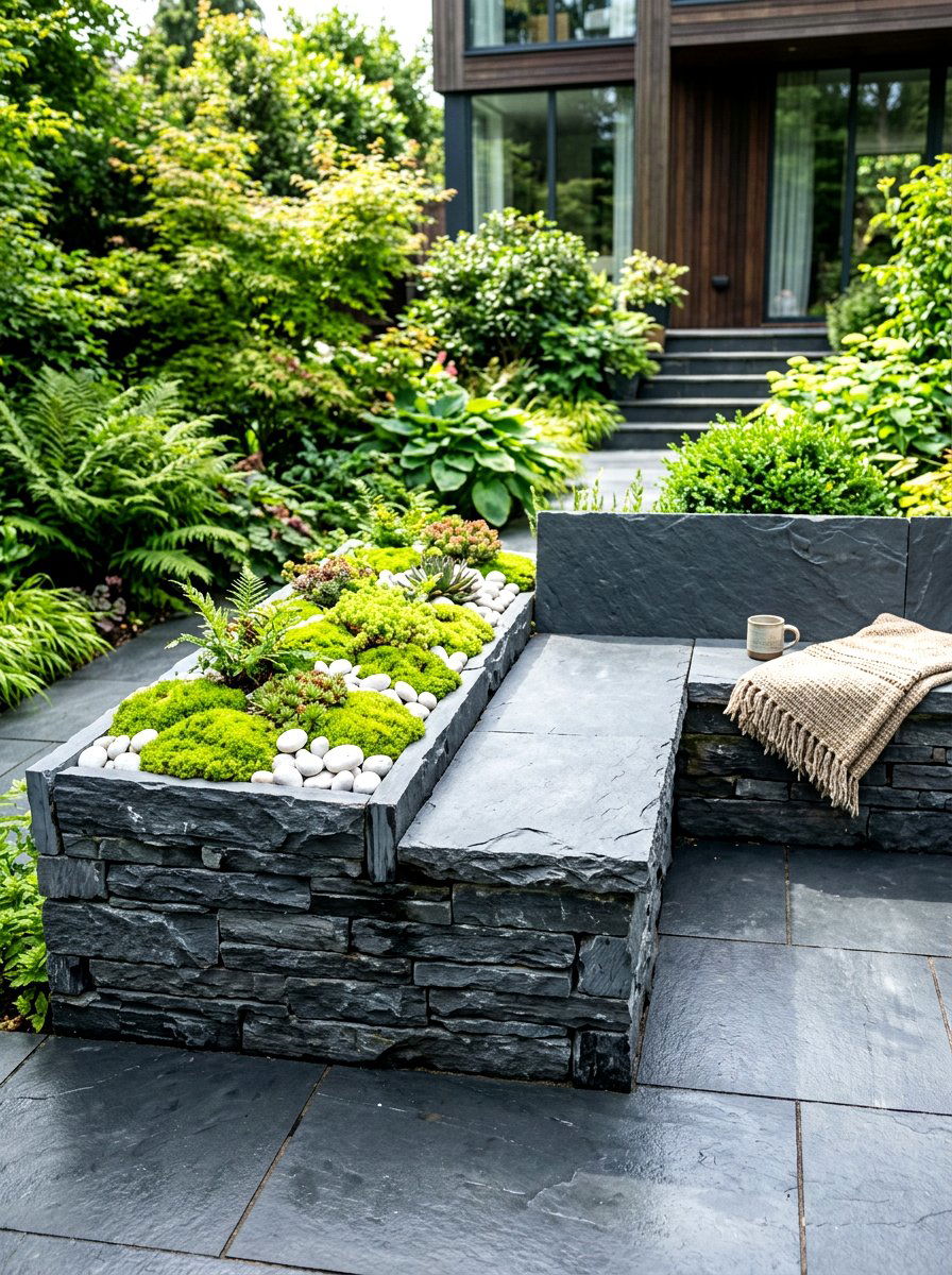Slate planter bench - 30 patio bench with planter ideas