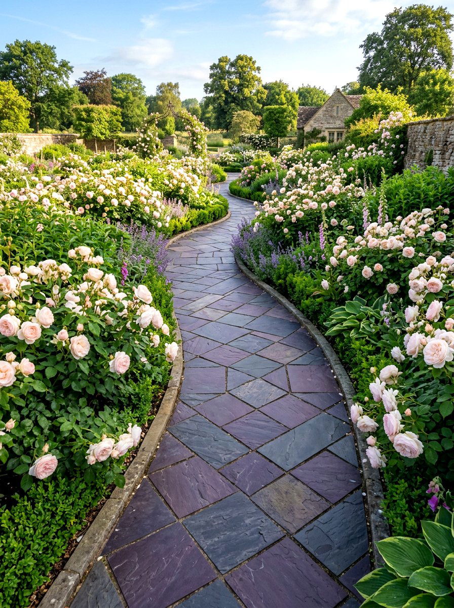 Slate rose garden path - 30 rose garden walkway ideas