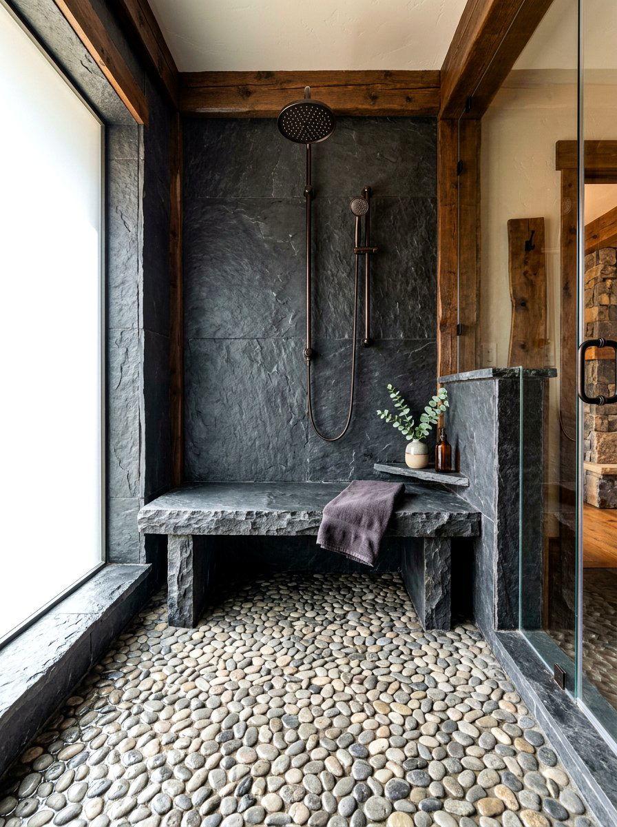 Slate stone shower bench - 30 shower bench ideas