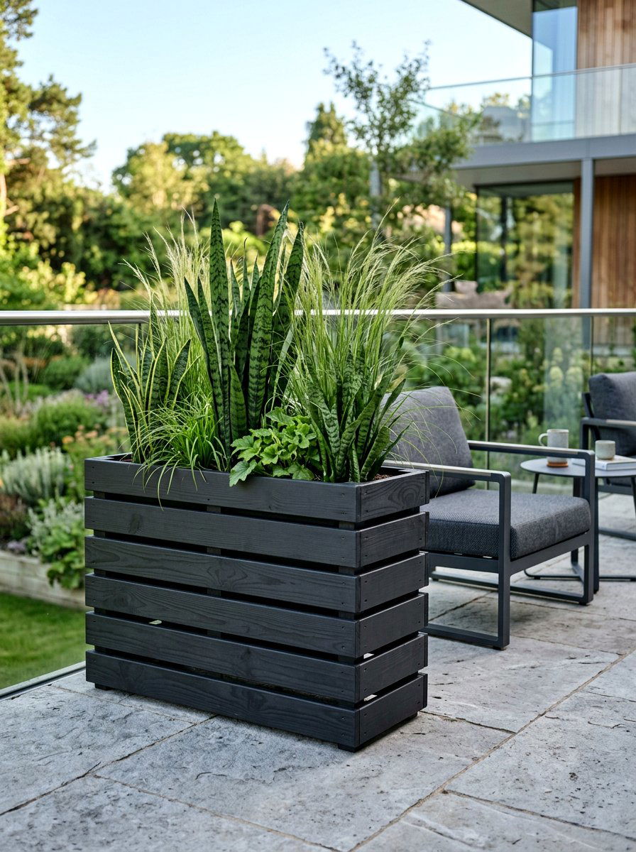 Slatted Dark Wood Planter - 30 wooden planter ideas
