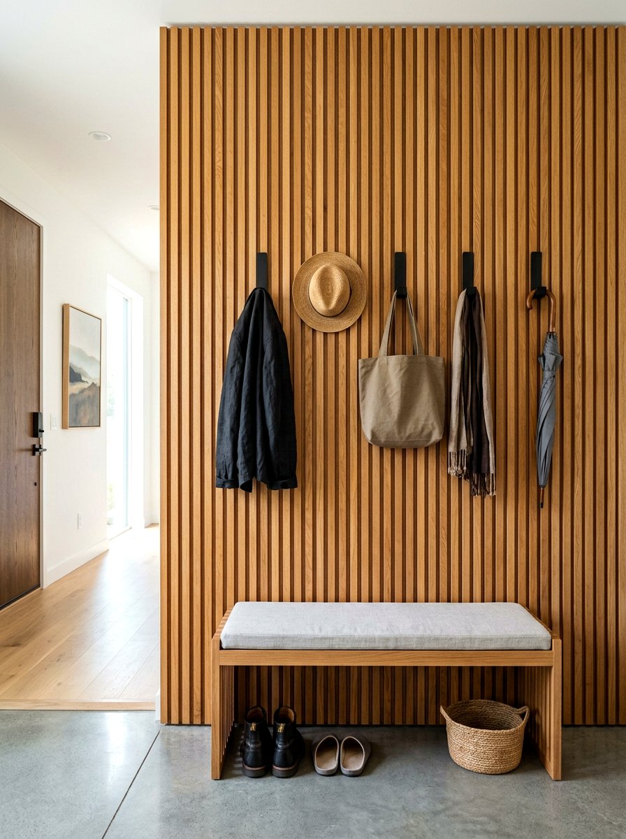 Slatted Entryway Wood Wall Panel - 30 entryway storage ideas