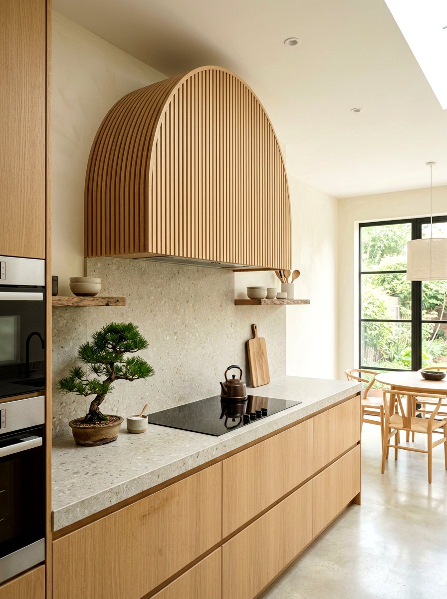 Slatted Oak Arched Range Hood - 30 rounded kitchen hood ideas