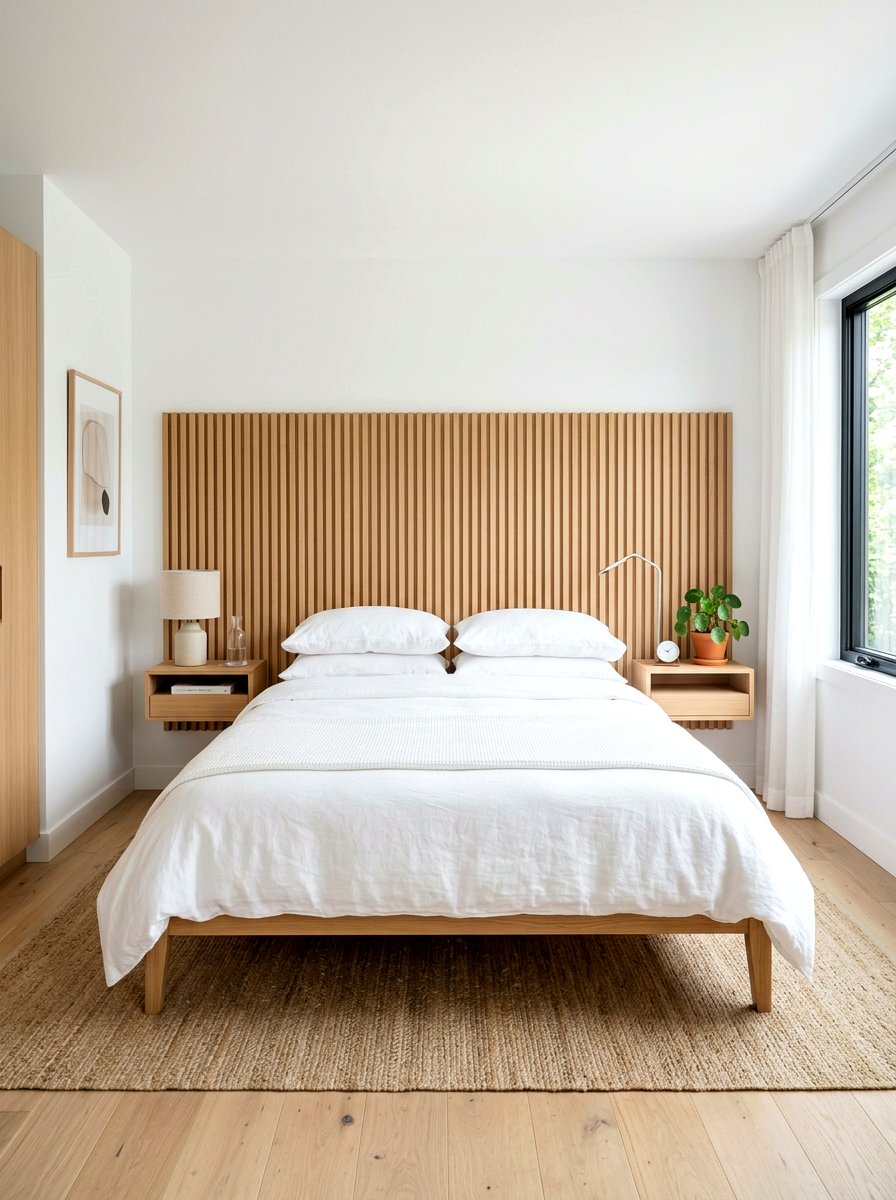 Slatted Oak Headboard - 30 statement headboard bedroom ideas