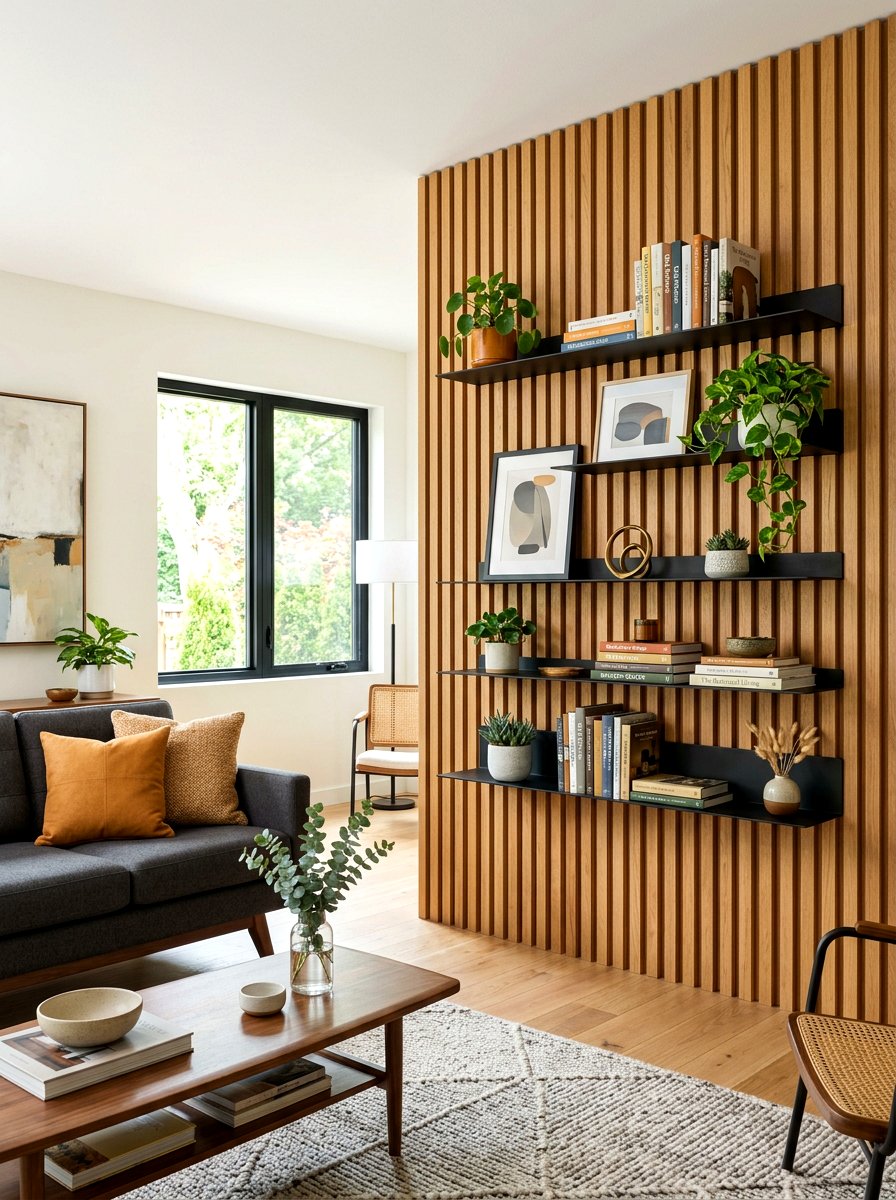Slatted Wood Accent - 30 built in wall unit ideas