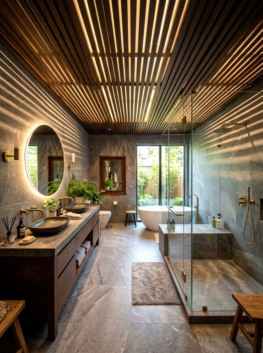Slatted Wood Bathroom Ceiling - 30 low light bathroom mood ideas