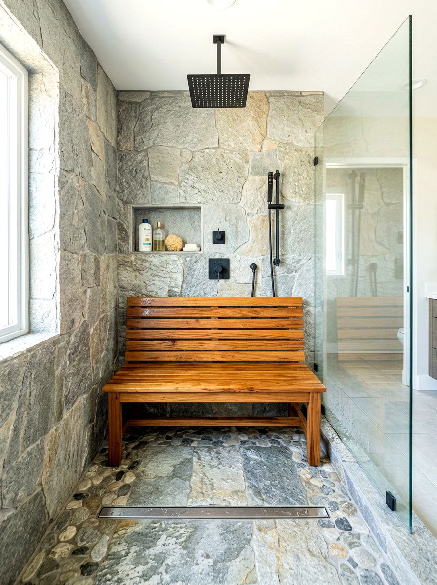 Slatted Wood Bench - 30 spa bathroom ideas