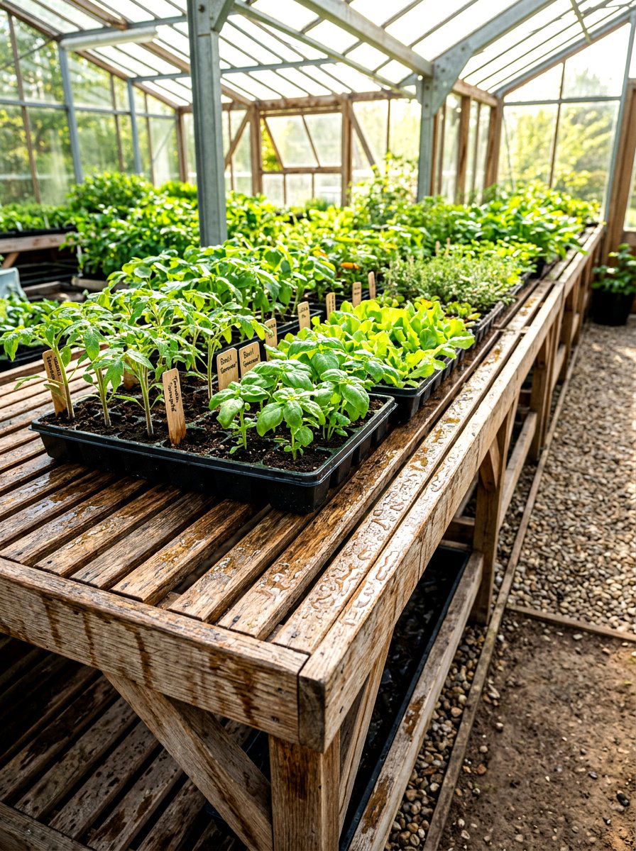 Slatted Wood Drainage Bench - 30 greenhouse storage bench ideas