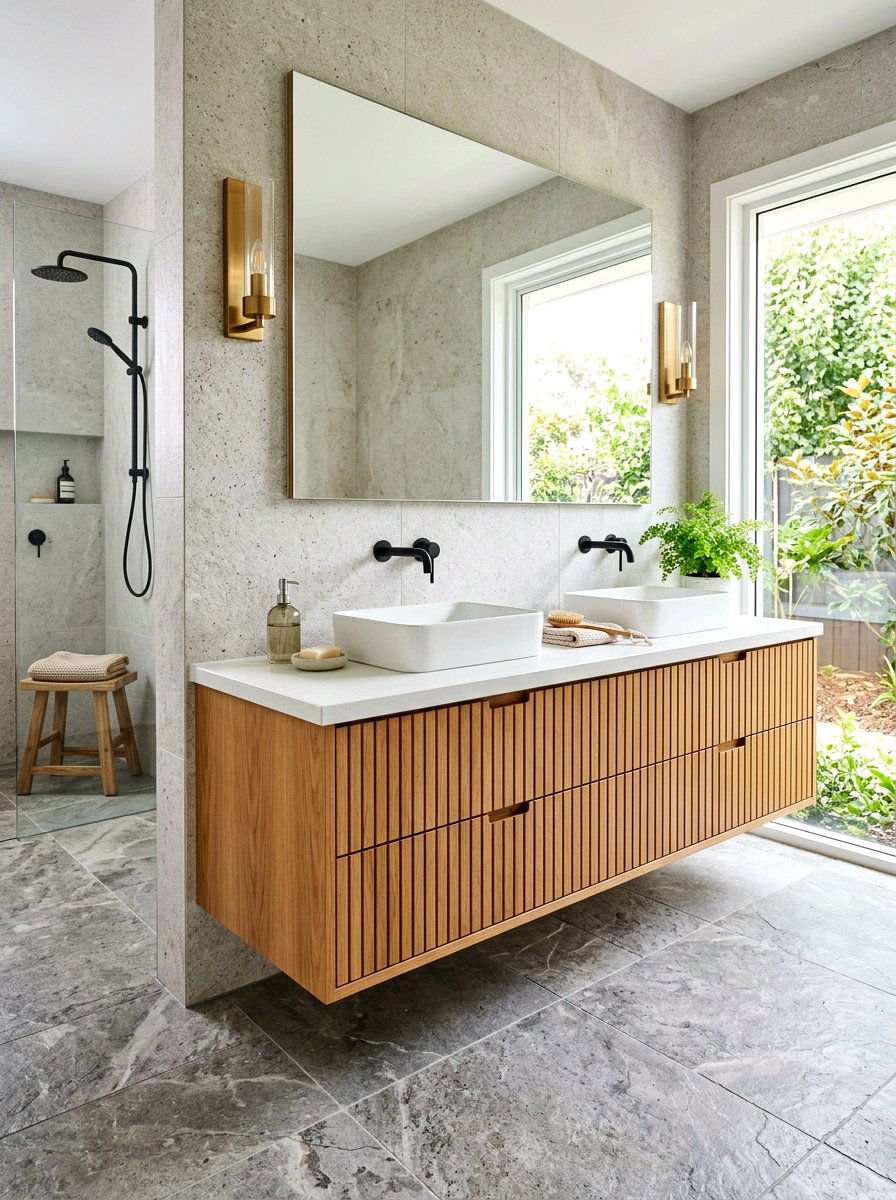 Slatted Wood Floating Vanity Bathroom - 30 floating vanity ideas