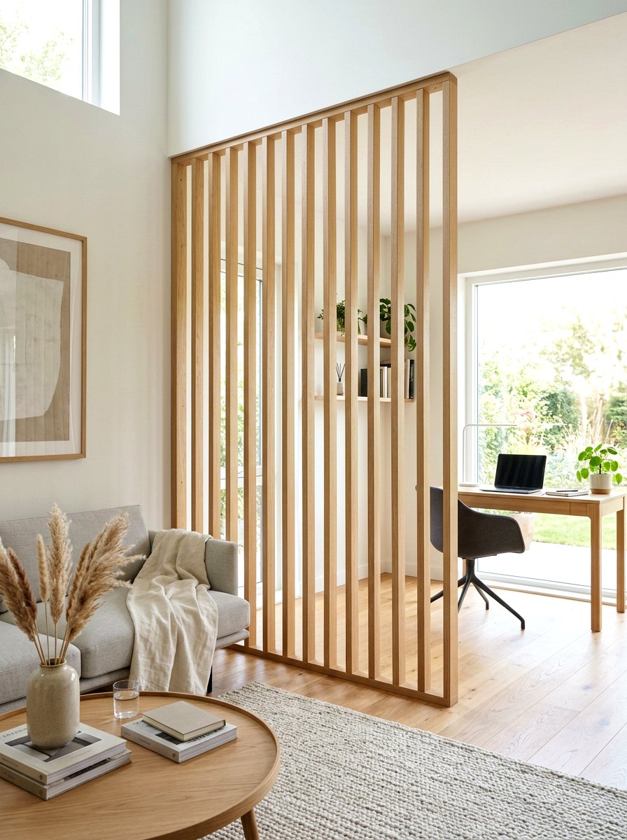 Slatted Wood Room Divider - 30 Japandi living room ideas