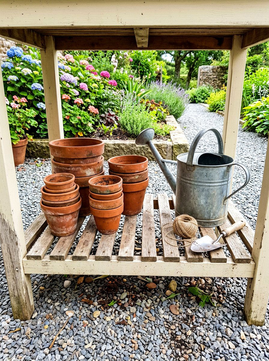 Slatted Wood Shelf - 30 potting bench storage ideas